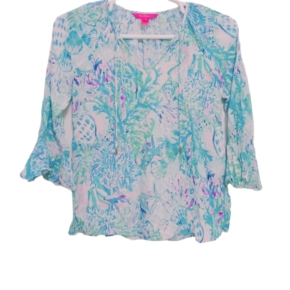 Lilly Pulitzer Amethyst Tint Willa Flounce Sleeve Top Self Tie Front Colorful